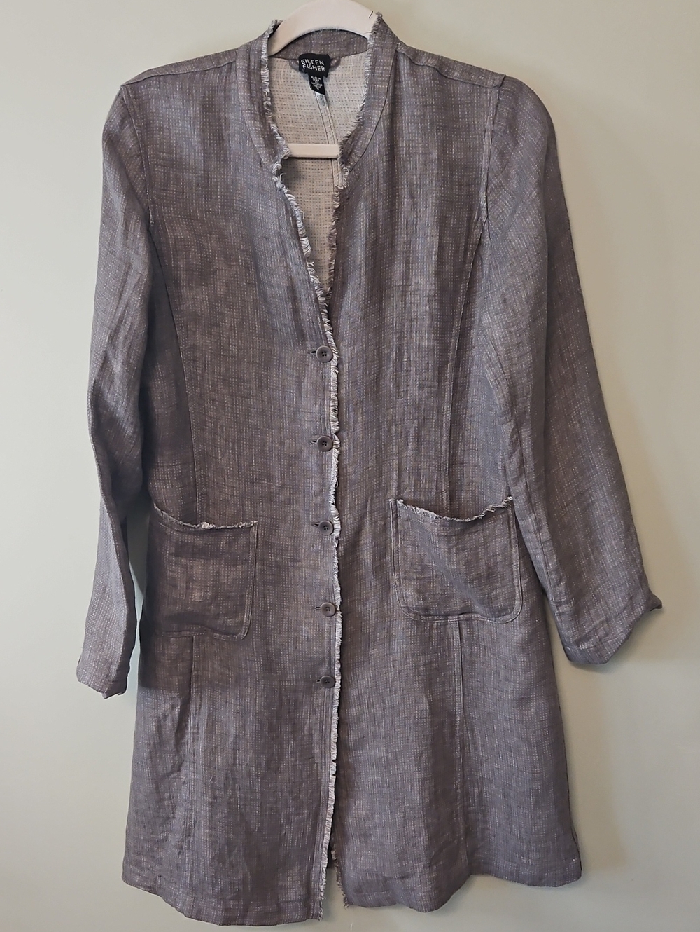 Eileen Fisher Gray 100% Irish Linen, Lagenlook Longline Frayed-Trim Jacket
